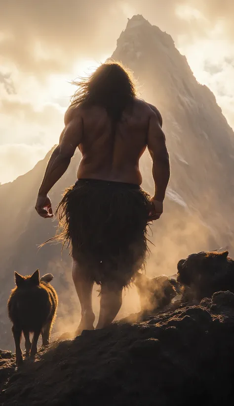 "A prehistoric, untamed, wild Scottish warrior 2 meters tall, with a muscular and marked body, he climbs up to the top of an imposing and pointed mountain, a pack of wolves walk beside him, watching the sunset. His sweaty skin shines under strong and drama...