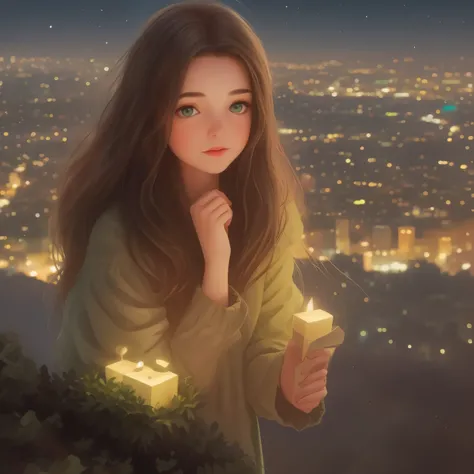 A girl with long brown hair dark green eyes looks down from a hill at the city below, her friends are near her. city lights, twilight, starry sky