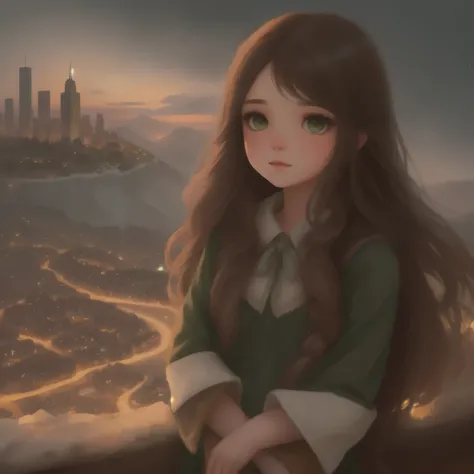 A girl with long brown hair dark green eyes looks down from a hill at the city below, her friends are near her. city lights, twilight, starry sky