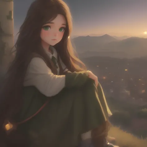 A girl with long brown hair dark green eyes looks down from a hill at the city below, her friends are near her. city lights, twilight, starry sky