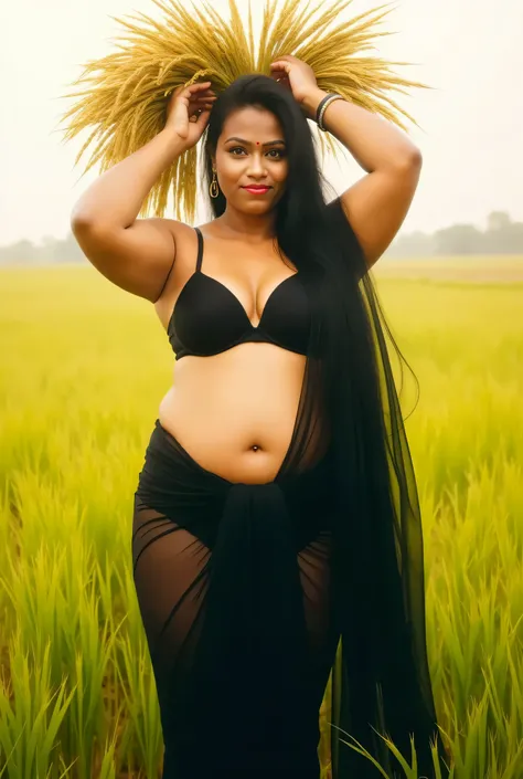 NSFW, HDR 8K , single Indian mom in a paddy field carring paddy bundle, (Tall gigantic body of height 7ft ),pretty women , beautiful face ,  face expression  , women dressed in black saree, tan skinned mom , (( tall mom has voluptuous body, deep belly , cu...