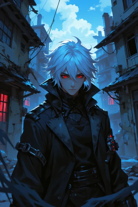 anime. man. white hair. serious face. Environment: dark, Abandoned houses around