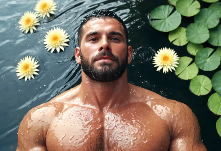 score_9, score_8_up, score_7_up, masterpiece, 1 male, adult, bearded man , muscular boy, wide shoulders, finely detailed eyes and detailed face, 8k wallpaper, intricate details, The pond is filled with showy flowers, A man lying on his back comfortably in ...