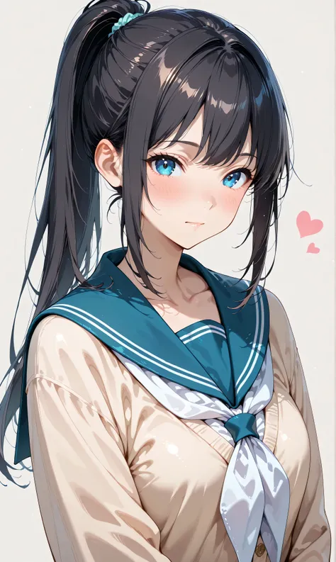 (watercolor:0.4)、( pastel :0.6)、 1girl , Alone, blue eyes, school uniform, ponytail, long hair, looking at viewer, serafuku, upper body, blush, sailor collar, heart, black hair, Cardigan, Neckerchief, bangs, simple background, white Neckerchief, closed...