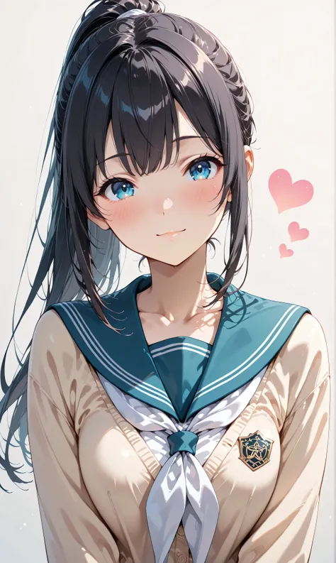 (watercolor:0.4)、( pastel :0.6)、 1girl , Alone, blue eyes, school uniform, ponytail, long hair, looking at viewer, serafuku, upper body, blush, sailor collar, heart, black hair, Cardigan, Neckerchief, bangs, simple background, white Neckerchief, closed...