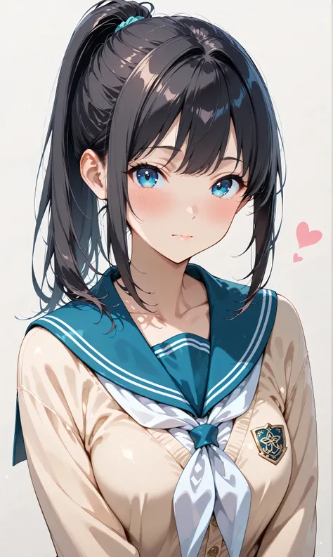 (watercolor:0.4)、( pastel :0.6)、 1girl , Alone, blue eyes, school uniform, ponytail, long hair, looking at viewer, serafuku, upper body, blush, sailor collar, heart, black hair, Cardigan, Neckerchief, bangs, simple background, white Neckerchief, closed...