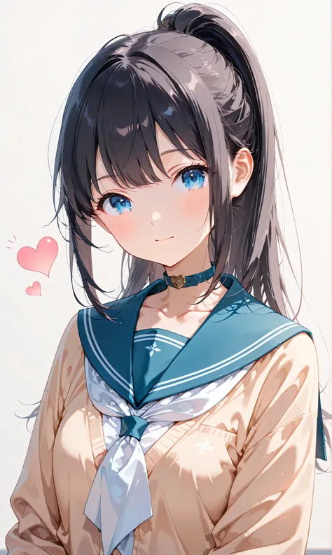 (watercolor:0.4)、( pastel :0.6)、 1girl , Alone, blue eyes, school uniform, ponytail, long hair, looking at viewer, serafuku, upper body, blush, sailor collar, heart, black hair, Cardigan, Neckerchief, bangs, simple background, white Neckerchief, closed...