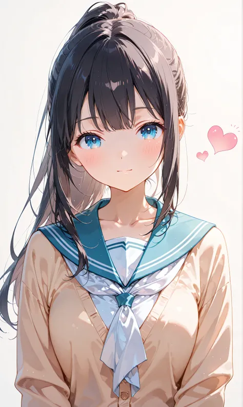 (watercolor:0.4)、( pastel :0.6)、 1girl , Alone, blue eyes, school uniform, ponytail, long hair, looking at viewer, serafuku, upper body, blush, sailor collar, heart, black hair, Cardigan, Neckerchief, bangs, simple background, white Neckerchief, closed...