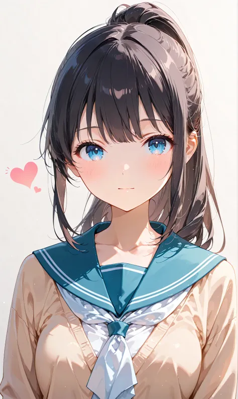 (watercolor:0.4)、( pastel :0.6)、 1girl , Alone, blue eyes, school uniform, ponytail, long hair, looking at viewer, serafuku, upper body, blush, sailor collar, heart, black hair, Cardigan, Neckerchief, bangs, simple background, white Neckerchief, closed...