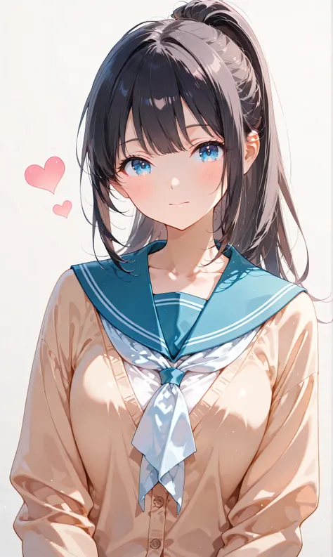 (watercolor:0.4)、( pastel :0.6)、 1girl , Alone, blue eyes, school uniform, ponytail, long hair, looking at viewer, serafuku, upper body, blush, sailor collar, heart, black hair, Cardigan, Neckerchief, bangs, simple background, white Neckerchief, closed...