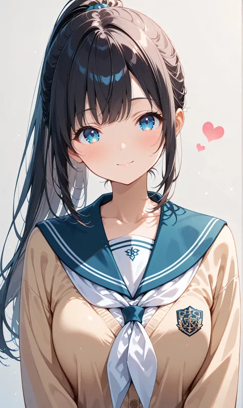 (watercolor:0.4)、( pastel :0.6)、 1girl , Alone, blue eyes, school uniform, ponytail, long hair, looking at viewer, serafuku, upper body, blush, sailor collar, heart, black hair, Cardigan, Neckerchief, bangs, simple background, white Neckerchief, closed...