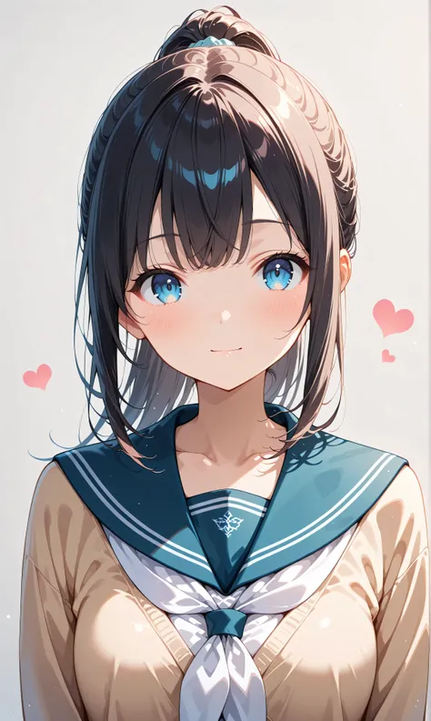(watercolor:0.4)、( pastel :0.6)、 1girl , Alone, blue eyes, school uniform, ponytail, long hair, looking at viewer, serafuku, upper body, blush, sailor collar, heart, black hair, Cardigan, Neckerchief, bangs, simple background, white Neckerchief, closed...