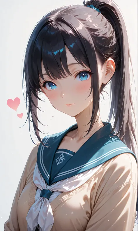 (watercolor:0.4)、( pastel :0.6)、 1girl , Alone, blue eyes, school uniform, ponytail, long hair, looking at viewer, serafuku, upper body, blush, sailor collar, heart, black hair, Cardigan, Neckerchief, bangs, simple background, white Neckerchief, closed...