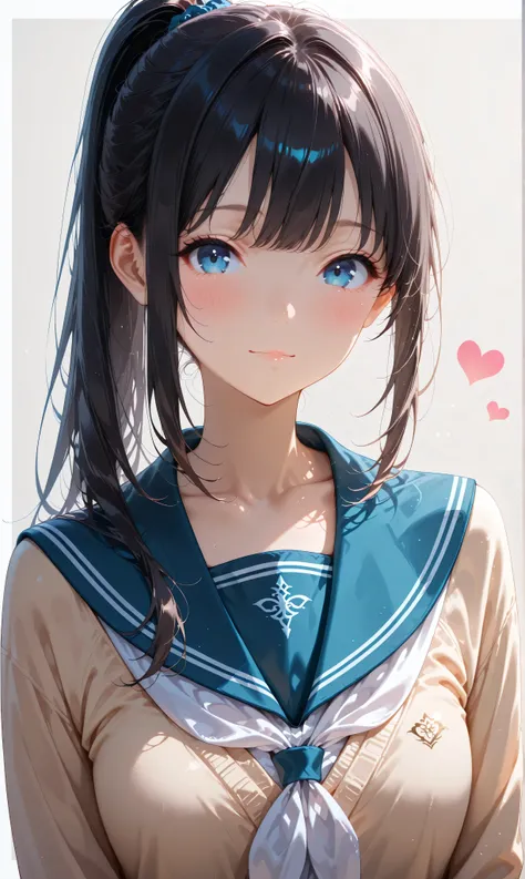 (watercolor:0.4)、( pastel :0.6)、 1girl , Alone, blue eyes, school uniform, ponytail, long hair, looking at viewer, serafuku, upper body, blush, sailor collar, heart, black hair, Cardigan, Neckerchief, bangs, simple background, white Neckerchief, closed...