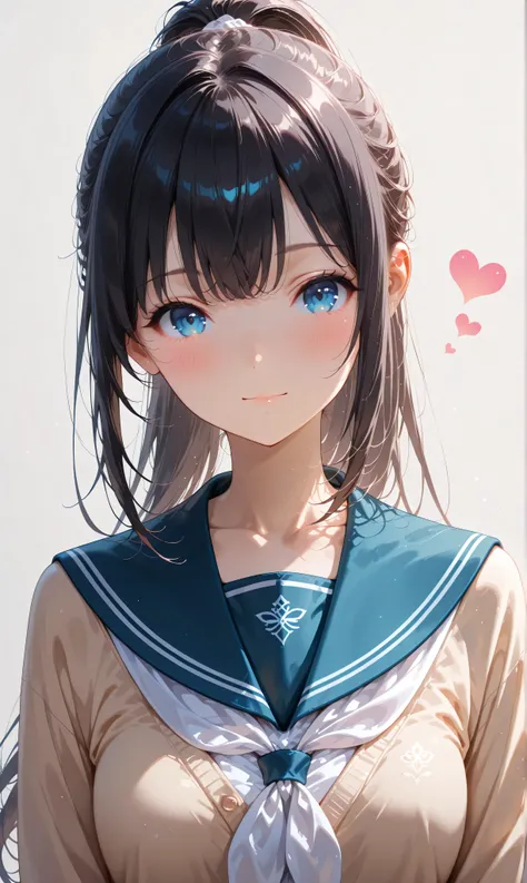 (watercolor:0.4)、( pastel :0.6)、 1girl , Alone, blue eyes, school uniform, ponytail, long hair, looking at viewer, serafuku, upper body, blush, sailor collar, heart, black hair, Cardigan, Neckerchief, bangs, simple background, white Neckerchief, closed...