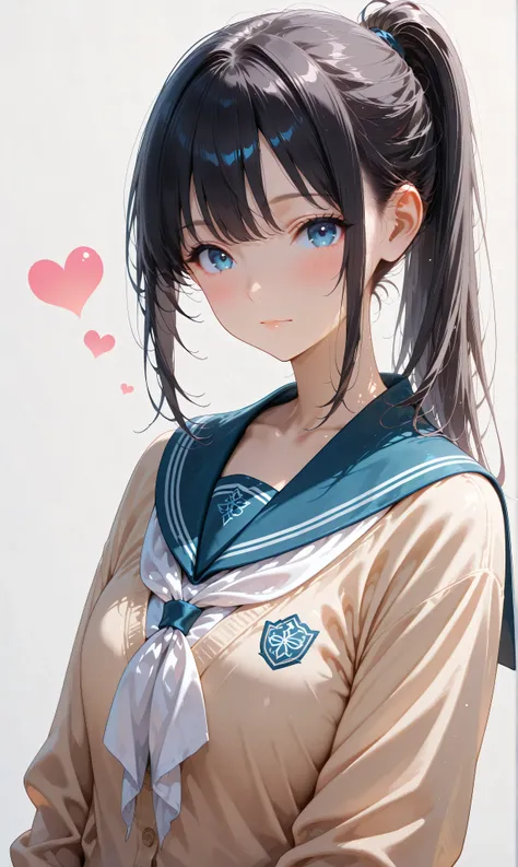 (watercolor:0.4)、( pastel :0.6)、 1girl , Alone, blue eyes, school uniform, ponytail, long hair, looking at viewer, serafuku, upper body, blush, sailor collar, heart, black hair, Cardigan, Neckerchief, bangs, simple background, white Neckerchief, closed...