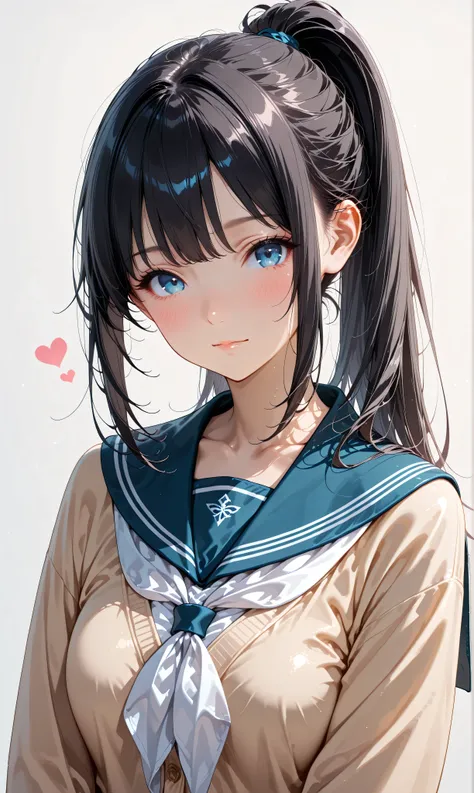 (watercolor:0.4)、( pastel :0.6)、 1girl , Alone, blue eyes, school uniform, ponytail, long hair, looking at viewer, serafuku, upper body, blush, sailor collar, heart, black hair, Cardigan, Neckerchief, bangs, simple background, white Neckerchief, closed...