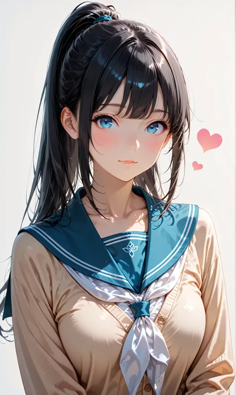 (watercolor:0.4)、( pastel :0.6)、 1girl , Alone, blue eyes, school uniform, ponytail, long hair, looking at viewer, serafuku, upper body, blush, sailor collar, heart, black hair, Cardigan, Neckerchief, bangs, simple background, white Neckerchief, closed...