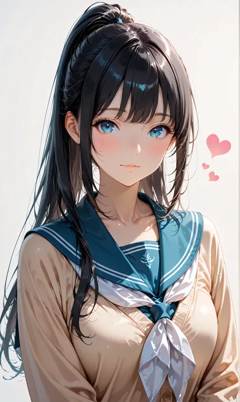 (watercolor:0.4)、( pastel :0.6)、 1girl , Alone, blue eyes, school uniform, ponytail, long hair, looking at viewer, serafuku, upper body, blush, sailor collar, heart, black hair, Cardigan, Neckerchief, bangs, simple background, white Neckerchief, closed...