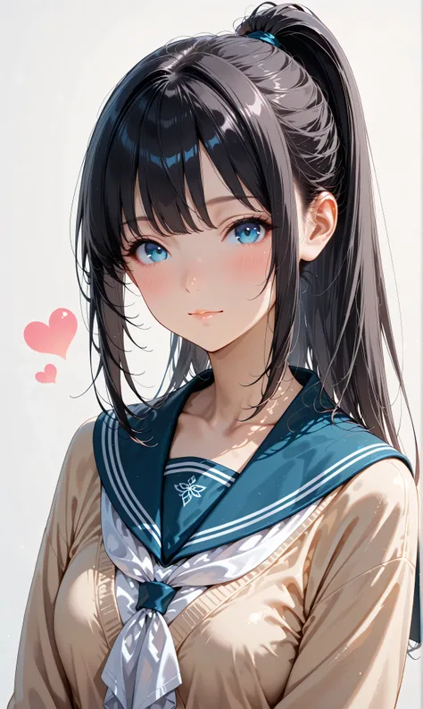 (watercolor:0.4)、( pastel :0.6)、 1girl , Alone, blue eyes, school uniform, ponytail, long hair, looking at viewer, serafuku, upper body, blush, sailor collar, heart, black hair, Cardigan, Neckerchief, bangs, simple background, white Neckerchief, closed...