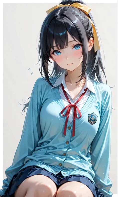 (watercolor:0.4)、( pastel :0.6)、 1girl , Alone, blue eyes, ribbon, black hair, looking at viewer, ponytail, shirt, school uniform, Cardigan, skirt, white shirt, simple background, grey background, collared shirt, blush, closed mouth, bangs, long sleeves...