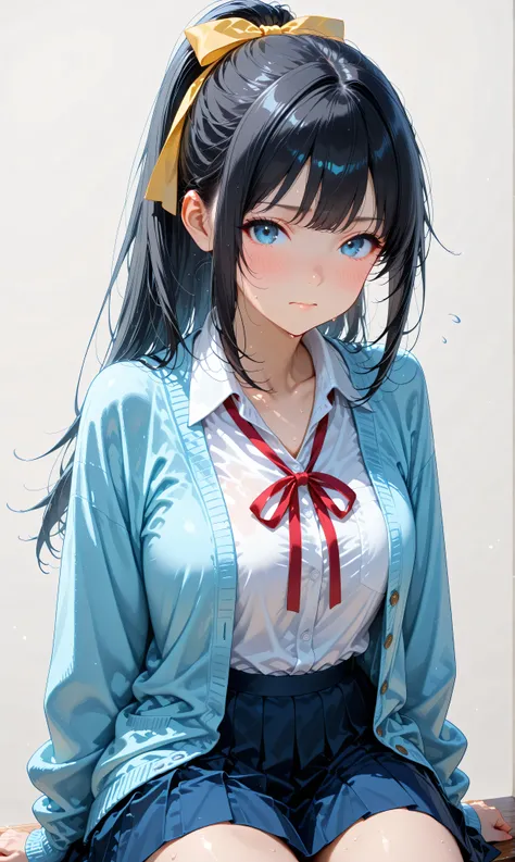 (watercolor:0.4)、( pastel :0.6)、 1girl , Alone, blue eyes, ribbon, black hair, looking at viewer, ponytail, shirt, school uniform, Cardigan, skirt, white shirt, simple background, grey background, collared shirt, blush, closed mouth, bangs, long sleeves...