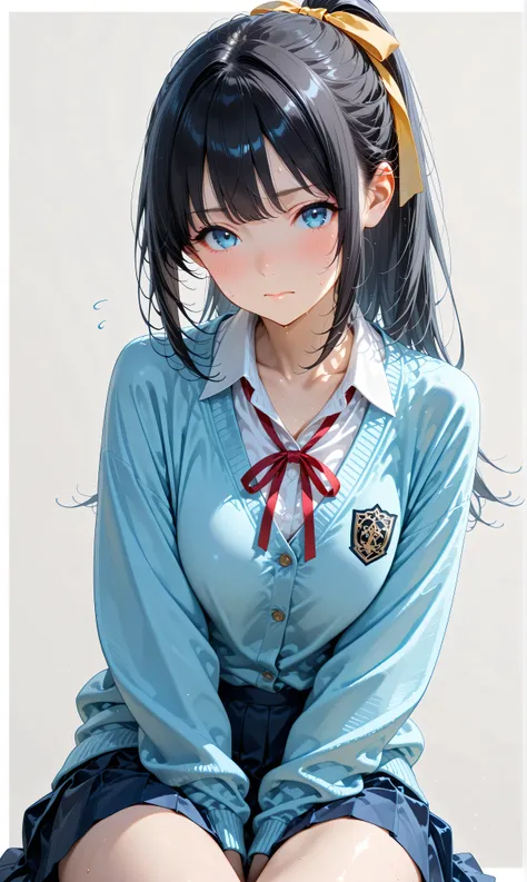 (watercolor:0.4)、( pastel :0.6)、 1girl , Alone, blue eyes, ribbon, black hair, looking at viewer, ponytail, shirt, school uniform, Cardigan, skirt, white shirt, simple background, grey background, collared shirt, blush, closed mouth, bangs, long sleeves...