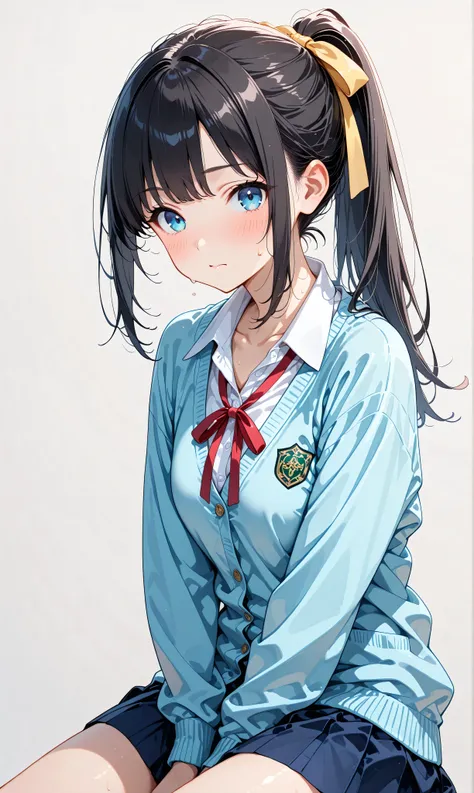 (watercolor:0.4)、( pastel :0.6)、 1girl , Alone, blue eyes, ribbon, black hair, looking at viewer, ponytail, shirt, school uniform, Cardigan, skirt, white shirt, simple background, grey background, collared shirt, blush, closed mouth, bangs, long sleeves...