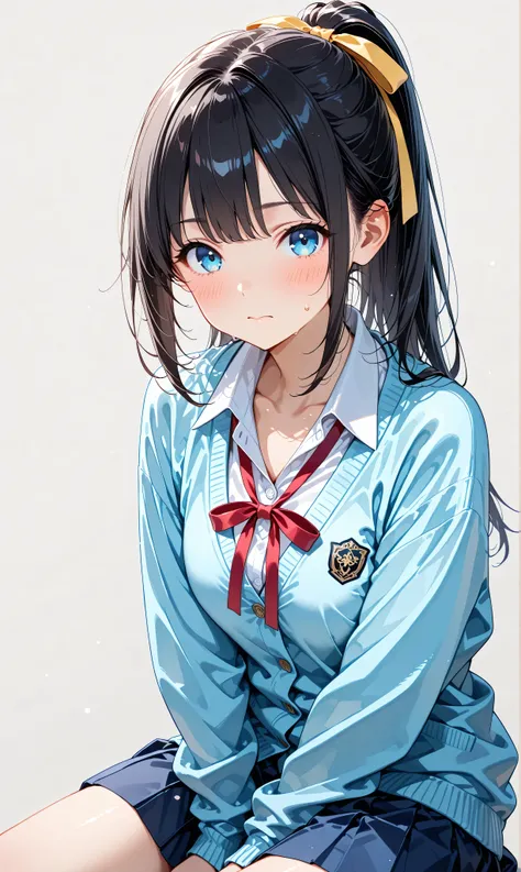 (watercolor:0.4)、( pastel :0.6)、 1girl , Alone, blue eyes, ribbon, black hair, looking at viewer, ponytail, shirt, school uniform, Cardigan, skirt, white shirt, simple background, grey background, collared shirt, blush, closed mouth, bangs, long sleeves...