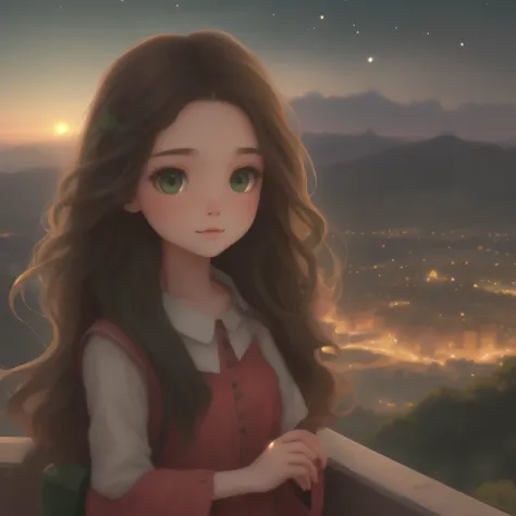 A girl with long brown hair dark green eyes looks down from a hill at the city below, her friends are near her. city lights, twilight, starry sky