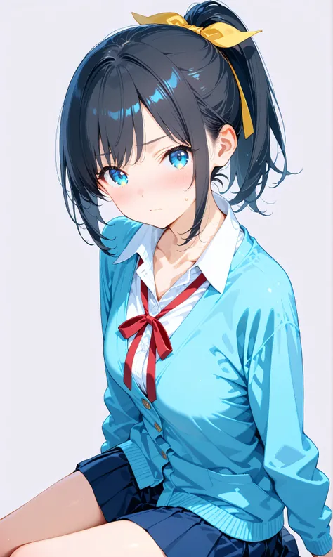 (watercolor:0.4)、( pastel :0.6)、 1girl , Alone, blue eyes, ribbon, black hair, looking at viewer, ponytail, shirt, school uniform, Cardigan, skirt, white shirt, simple background, grey background, collared shirt, blush, closed mouth, bangs, long sleeves...