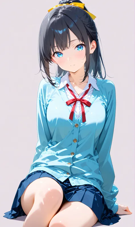(watercolor:0.4)、( pastel :0.6)、 1girl , Alone, blue eyes, ribbon, black hair, looking at viewer, ponytail, shirt, school uniform, Cardigan, skirt, white shirt, simple background, grey background, collared shirt, blush, closed mouth, bangs, long sleeves...