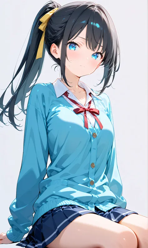 (watercolor:0.4)、( pastel :0.6)、 1girl , Alone, blue eyes, ribbon, black hair, looking at viewer, ponytail, shirt, school uniform, Cardigan, skirt, white shirt, simple background, grey background, collared shirt, blush, closed mouth, bangs, long sleeves...