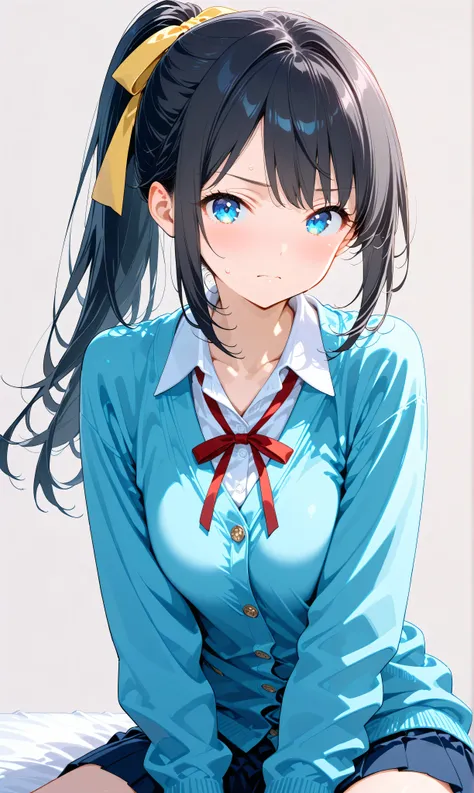 (watercolor:0.4)、( pastel :0.6)、 1girl , Alone, blue eyes, ribbon, black hair, looking at viewer, ponytail, shirt, school uniform, Cardigan, skirt, white shirt, simple background, grey background, collared shirt, blush, closed mouth, bangs, long sleeves...