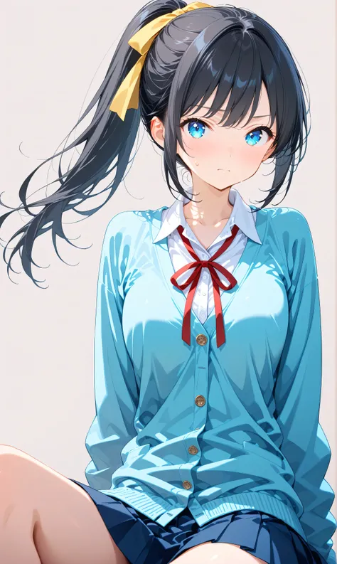 (watercolor:0.4)、( pastel :0.6)、 1girl , Alone, blue eyes, ribbon, black hair, looking at viewer, ponytail, shirt, school uniform, Cardigan, skirt, white shirt, simple background, grey background, collared shirt, blush, closed mouth, bangs, long sleeves...