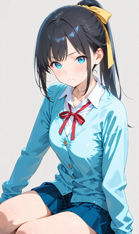 (watercolor:0.4)、( pastel :0.6)、 1girl , Alone, blue eyes, ribbon, black hair, looking at viewer, ponytail, shirt, school uniform, Cardigan, skirt, white shirt, simple background, grey background, collared shirt, blush, closed mouth, bangs, long sleeves...