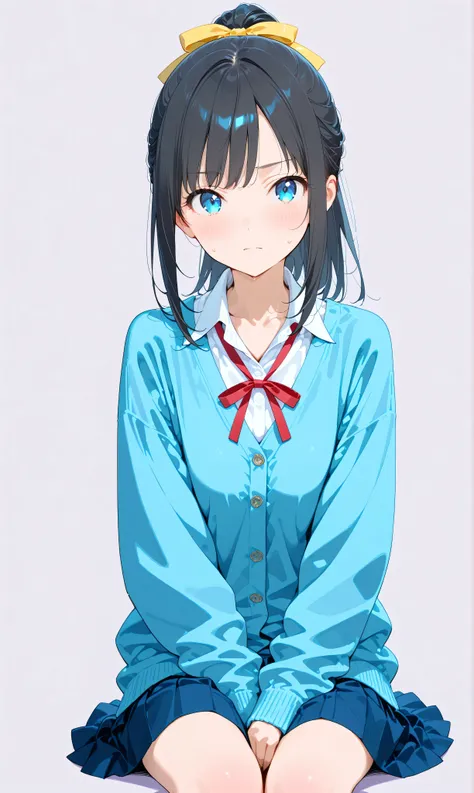 (watercolor:0.4)、( pastel :0.6)、 1girl , Alone, blue eyes, ribbon, black hair, looking at viewer, ponytail, shirt, school uniform, Cardigan, skirt, white shirt, simple background, grey background, collared shirt, blush, closed mouth, bangs, long sleeves...