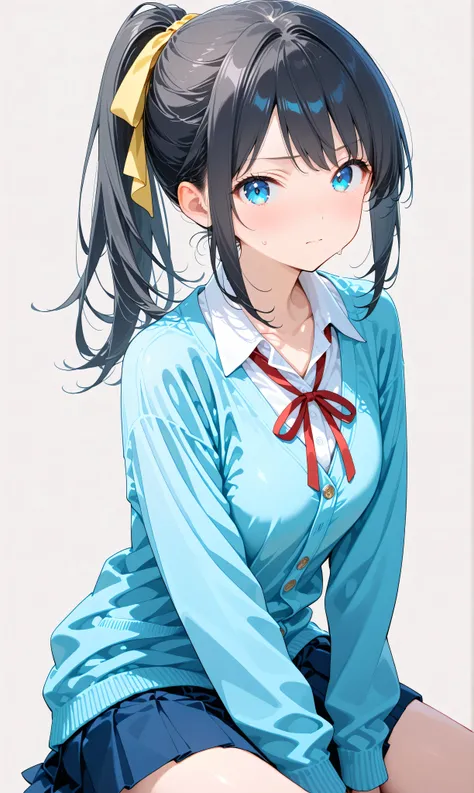 (watercolor:0.4)、( pastel :0.6)、 1girl , Alone, blue eyes, ribbon, black hair, looking at viewer, ponytail, shirt, school uniform, Cardigan, skirt, white shirt, simple background, grey background, collared shirt, blush, closed mouth, bangs, long sleeves...