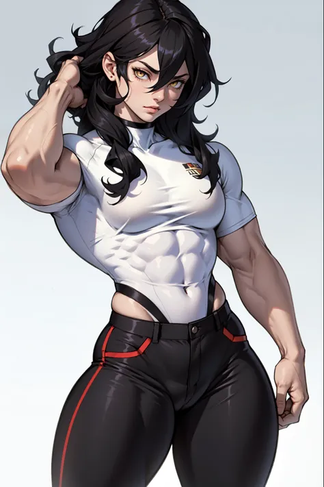 ((((muscular 1girl)))) ((thick thighs toned body )) (pale skin) black hair yellow eyes very long hair tight shirt and pants curly hair hair between eyes