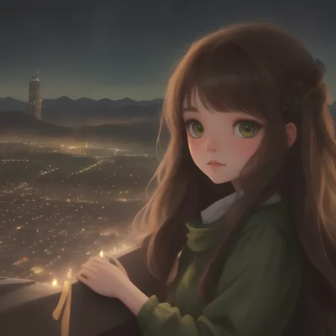 A girl with long brown hair dark green eyes looks down from a hill at the city below, her friends are near her. city lights, twilight, starry sky