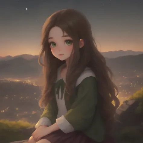 A girl with long brown hair dark green eyes looks down from a hill at the city below, her friends are near her. city lights, twilight, starry sky
