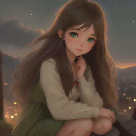 A girl with long brown hair dark green eyes looks down from a hill at the city below, her friends are near her. city lights, twilight, starry sky
