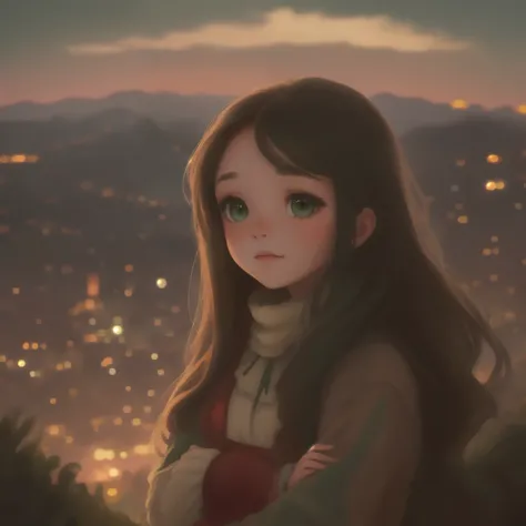 A girl with long brown hair dark green eyes looks down from a hill at the city below, her friends are near her. city lights, twilight, starry sky