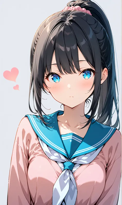 (watercolor:0.4)、( pastel :0.6)、 1girl , Alone, blue eyes, school uniform, ponytail, long hair, looking at viewer, serafuku, upper body, blush, sailor collar, heart, black hair, Cardigan, Neckerchief, bangs, simple background, white Neckerchief, closed...