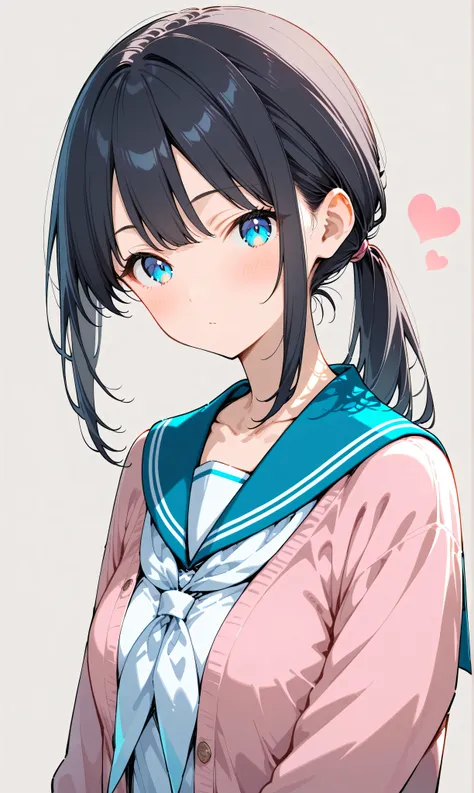 (watercolor:0.4)、( pastel :0.6)、 1girl , Alone, blue eyes, school uniform, ponytail, long hair, looking at viewer, serafuku, upper body, blush, sailor collar, heart, black hair, Cardigan, Neckerchief, bangs, simple background, white Neckerchief, closed...
