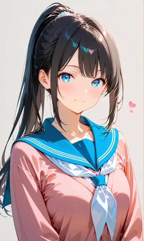 (watercolor:0.4)、( pastel :0.6)、 1girl , Alone, blue eyes, school uniform, ponytail, long hair, looking at viewer, serafuku, upper body, blush, sailor collar, heart, black hair, Cardigan, Neckerchief, bangs, simple background, white Neckerchief, closed...