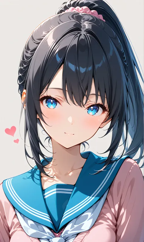(watercolor:0.4)、( pastel :0.6)、 1girl , Alone, blue eyes, school uniform, ponytail, long hair, looking at viewer, serafuku, upper body, blush, sailor collar, heart, black hair, Cardigan, Neckerchief, bangs, simple background, white Neckerchief, closed...