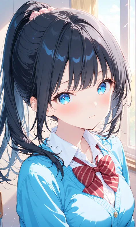 (watercolor:0.4)、( pastel :0.6)、 1girl , Alone, blue eyes, black hair, ponytail, bow, looking at viewer, Cardigan, school uniform, blush, shirt, white shirt, long hair, bowtie, red bow, bangs, closed mouth, collared shirt, upper body, long sleeves, blue...