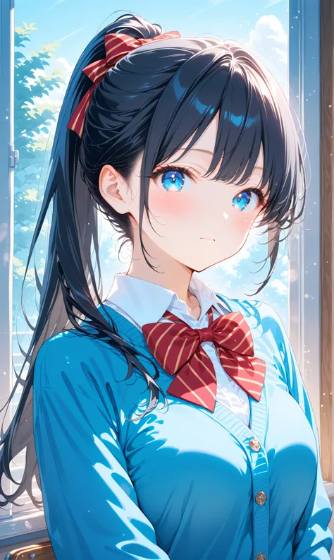 (watercolor:0.4)、( pastel :0.6)、 1girl , Alone, blue eyes, black hair, ponytail, bow, looking at viewer, Cardigan, school uniform, blush, shirt, white shirt, long hair, bowtie, red bow, bangs, closed mouth, collared shirt, upper body, long sleeves, blue...