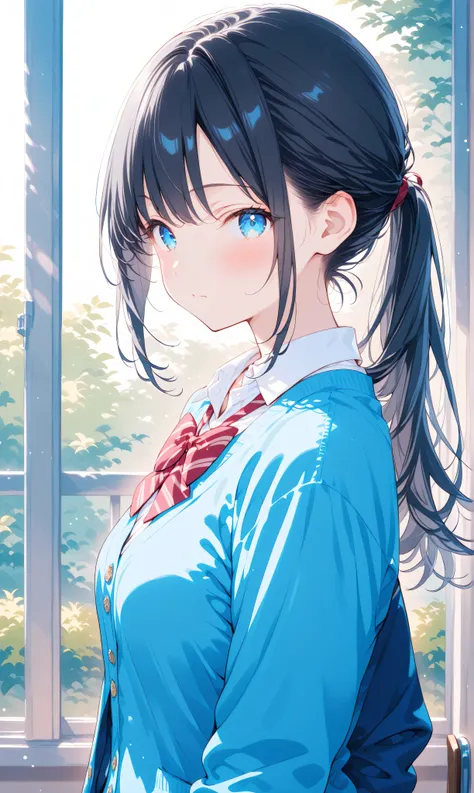 (watercolor:0.4)、( pastel :0.6)、 1girl , Alone, blue eyes, black hair, ponytail, bow, looking at viewer, Cardigan, school uniform, blush, shirt, white shirt, long hair, bowtie, red bow, bangs, closed mouth, collared shirt, upper body, long sleeves, blue...